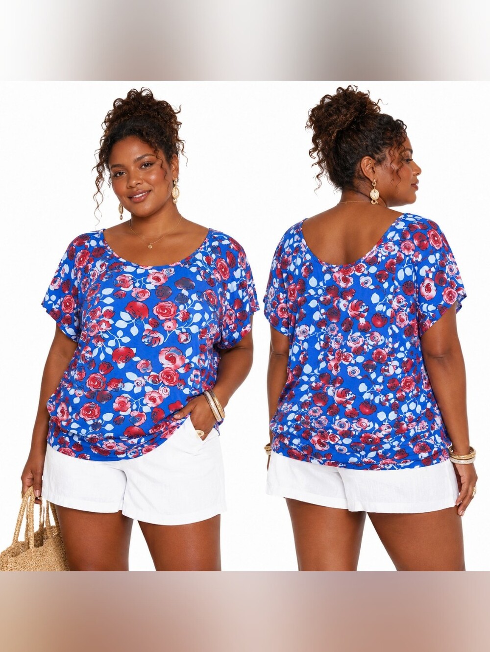 🍎NWT BUZZ Blue Floral Rose Print Banded Hem Top Silky Soft Lightweight
